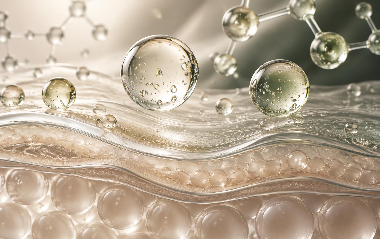 Transparante serumstructuren, waterdruppels en moleculaire vormen als verbeelding van hydratatie en cosmeceutical science