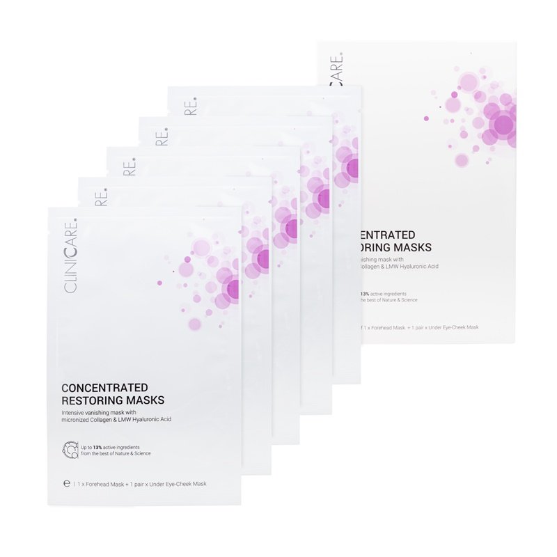 CliniCare Concentrated Restoring Masks verpakking met vijf behandelingen