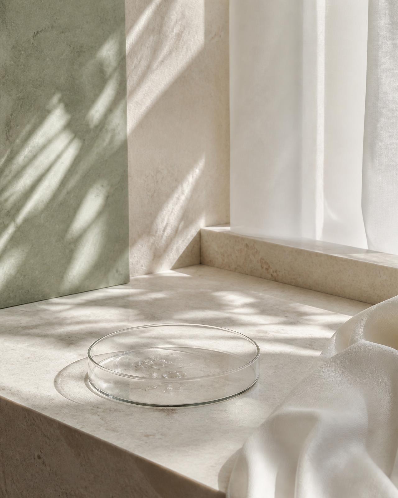 Rustige skincare setting met natuursteen, glas en zacht daglicht